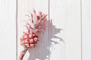 Beyaz ahşap zemin üzerinde koyu gölgeler ve kopyalama alanı olan küçük pembe ananas çiçeği. Her kök için bir tropikal çiçek, yukarıdan görünüm.
