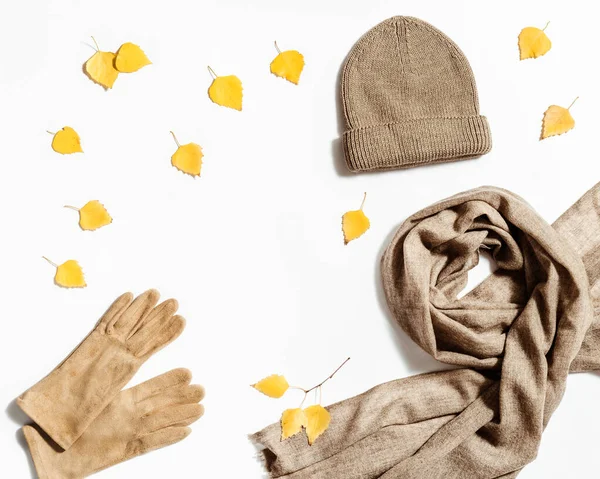 Вязаная Шляпа Шарф Замшевые Перчатки Желтыми Листьями Белом Фоне Осенняя — стоковое фото