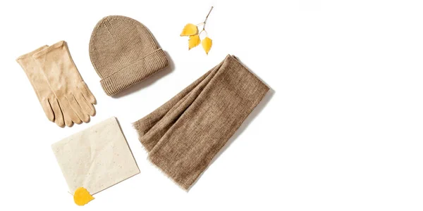 Φθινοπωρινά Ζεστά Ρούχα Πλεκτό Καπέλο Μάλλινο Μαντήλι Και Σουέτ Γάντια — Φωτογραφία Αρχείου
