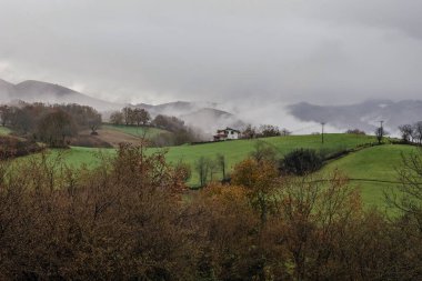Yeşil bir tarlanın ortasında sisle çevrili beyaz bir ev. Navarra manzarası.