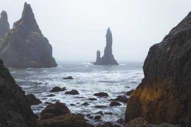 Güney İzlanda 'daki Vik köyünde Reynisfjara Sahili boyunca dramatik deniz yığınları ve kaya oluşumları.