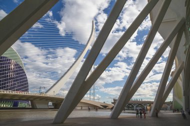 Valencia, İspanya 'da güneşli bir günde Sanat ve Bilim Şehri' nin modern mimarisi..