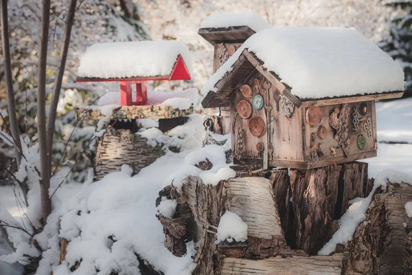 Bird Houses Covered Fresh Layer Snow Picturesque Winter Scene Nelson — Stock Photo, Image