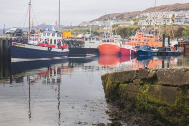 İngiltere, İskoçya 'nın batı kıyısındaki Mallaig limanında renkli teknelerin olduğu deniz manzarası..