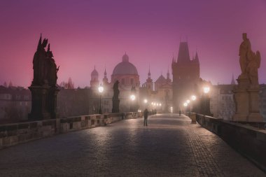 Şafak vakti sakin bir Gotik Charles Köprüsü. Eski Prag, Çek Cumhuriyeti 'nde kasvetli, sisli bir atmosferi var..