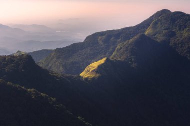 Sri Lanka 'nın merkezindeki Horton Plains Ulusal Parkı' nda Mini World 's End' den gün doğumu veya gün batımı manzaralı dağ ormanı manzarası..