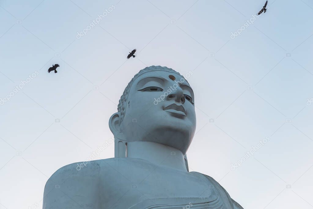 Close-up of the giant white Buddha statue at Sri Maha Bodhi Viharaya, a Buddhist temple at Bahirawakanda at sunset or sunrise in Kandy, Sri Lanka.