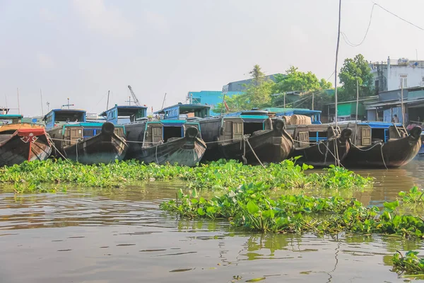 Barcos Sampan Vietnamitas Tradicionales Jacinto Flotante Agua Común Pontederia Crassipes — Foto de Stock