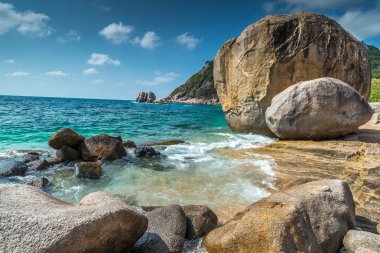 Koh Tao Adası'nın kayalık plaj manzarası 