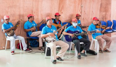 Feribotta yaşlı lar bir grup misicians 