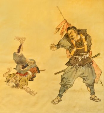 Samurai martial art on old painting clipart