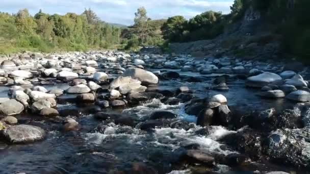 Nehir Deresi Akan Doğal Mavi Gökyüzü Ağaç Kaya Kışın Yağışından — Stok video