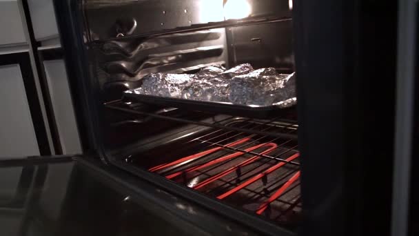 オーブンから出される食物の映像 — ストック動画