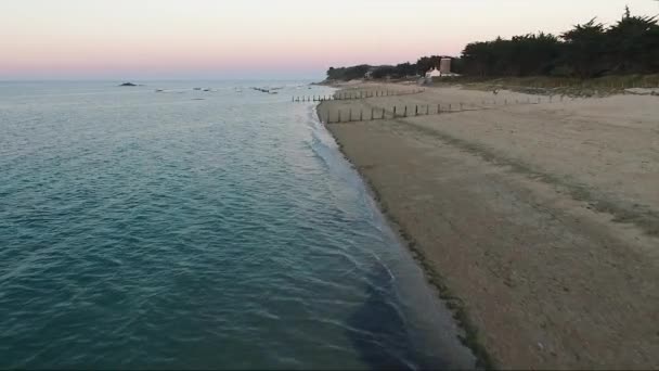 日没時に海の正面を示すビーチの近くの空中パン — ストック動画