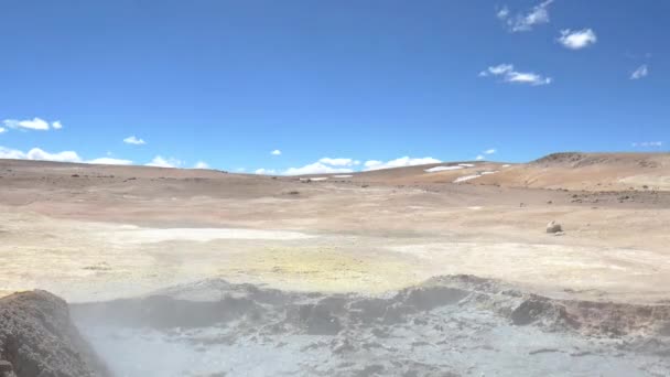 Wide Shot Desert Border Bolivia Chile Muddy Volcanic Pool Foreground — Stock Video