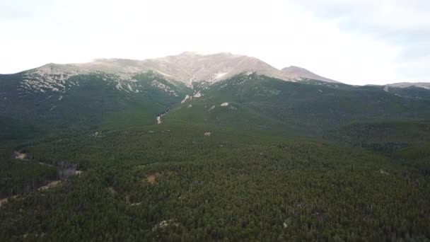 空中的枪声从科罗拉多荒原上高耸的群山覆盖的一片绿色的森林上掠过 — 图库视频影像
