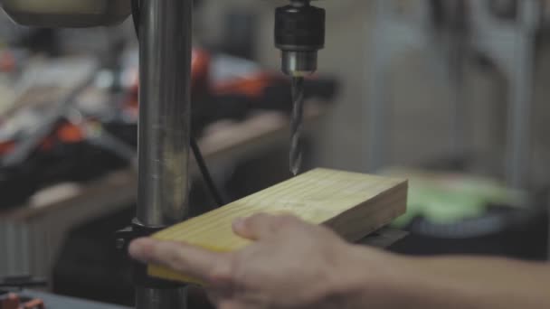 Mit Einer Bohrmaschine Löcher Holzplanke Bohren — Stockvideo