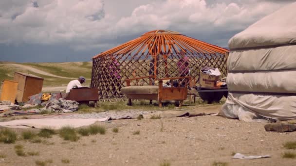 Mongolian Nomad People Set New Ger Traditional Tent House Mountains — Stock Video