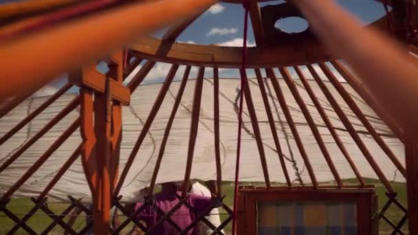 Mongolian Nomad People Set New Ger Traditional Tent House Mountains — Stock Video