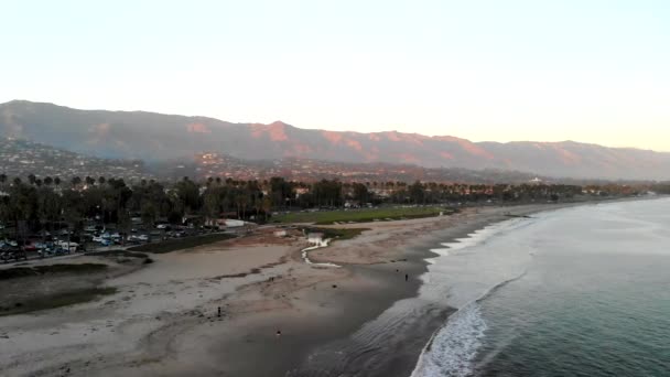 Aerial Drone Shot Sunset Pacific Ocean Beach Marina Looking Beautiful — Stock Video