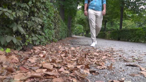 Mužské trup plně v ohnisku chůze ke kameře na cestě s podzimním listím