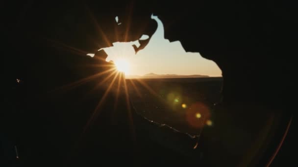 Interieur Van Het Solheimasandur Plane Wreck Silhouetted Sunset — Stockvideo