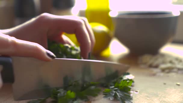 Een Paar Peterselie Van Dichtbij Bekijken Een Gastronomisch Gerecht Klaarmaken — Stockvideo