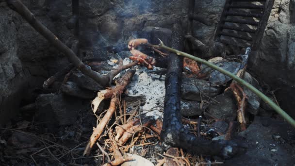 Slomo Sosisler Barbekü Ateşinde Kızartılır Sosisler Şişte — Stok video