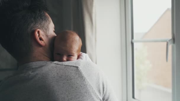 Papa Houdt Baby Bij Een Helder Raam Vader Troost Knuffelt — Stockvideo