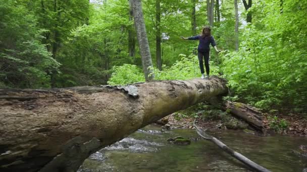 Uma Garota Equilibra Uma Ponte Madeira Enquanto Cruza Pequeno Riacho — Vídeo de Stock