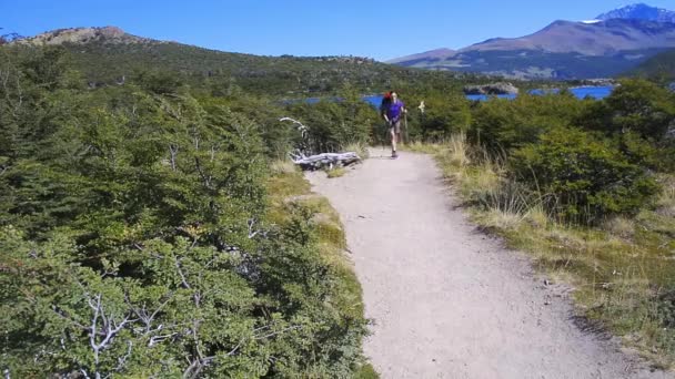 Mujer Joven Caminando Por Sendero Saludando Con Las Manos Patagonia — Vídeo de stock