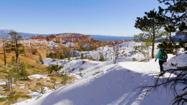 Dívka Žena Turistika Červenými Kameny Formace Sníh Blízkosti Bryce Canyon — Stock video