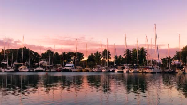 空にピンクと紫の色でマリーナの上の夕日と水の上の素敵な反射 — ストック動画