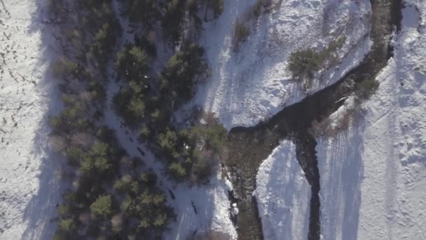 空中无人驾驶飞机在雪橇上鸣枪 拉着雪橇穿过高山荒野 沿着一条河滑行 — 图库视频影像