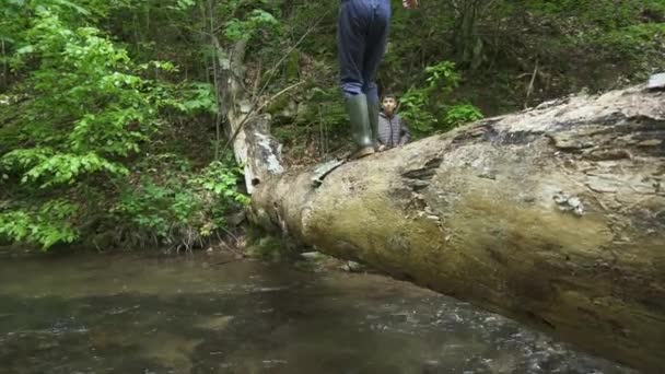 Jeune Garçon Dans Wellies Traversant Pont Rondins Sur Ruisseau Gros — Video