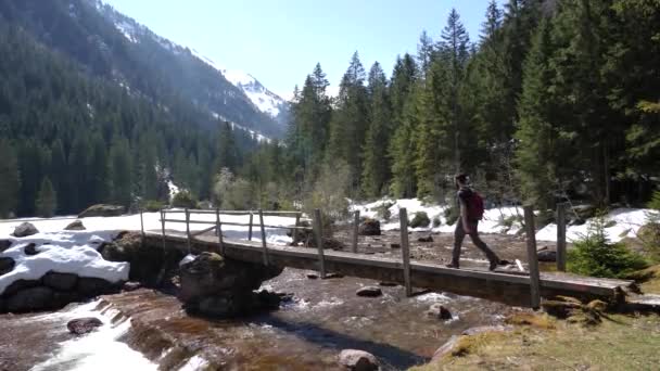 Todavía Disparo Joven Caminando Sobre Puente Valle Los Alpes Suizos — Vídeos de Stock