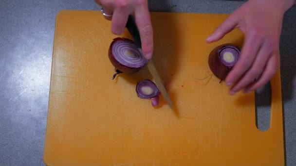 Les Mains Féminines Peuvent Être Vues Découpant Oignon Rouge — Video