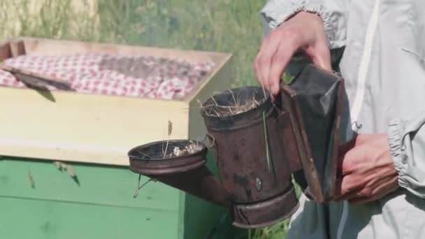 养蜂人用老草点烟 — 图库视频影像