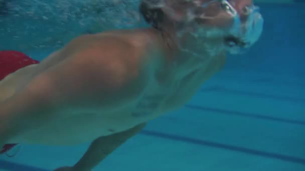 Kurbağalama Stilinde Yüzen Adam Serbest Stilde Yüzmeye Devam Eder — Stok video