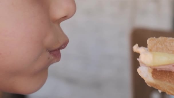 Ağır Çekim Beyaz Bir Çocuğun Ağzı Tost Yiyor — Stok video