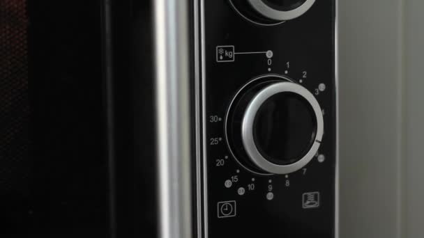 Setting Microwave Timer Six Minutes Turning Microwave Close Angled Shot — Stock Video