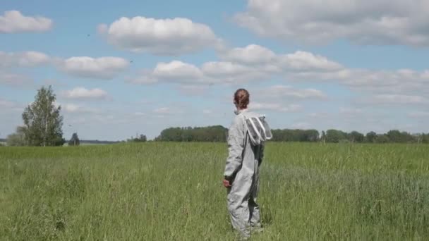 Beekeeper Stands Middle Field Looks Distance — Stock Video