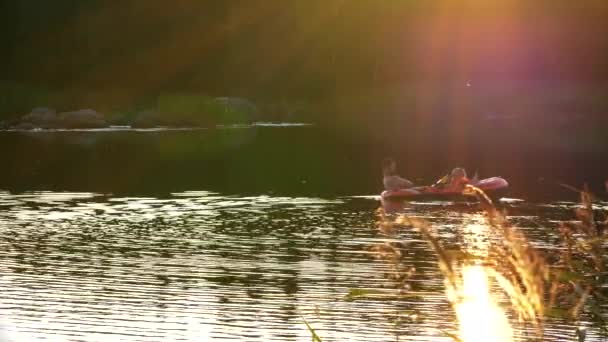 Filha Com Pai Barco Borracha Iluminado Por Belos Raios Sol — Vídeo de Stock