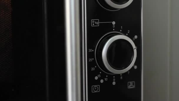 Setting Microwave Timer Four Minutes Turning Microwave Close Angled Shot — Stock Video