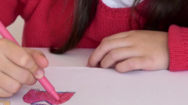 Une Jeune Fille Finit Colorier Puis Sourit Aux Casseroles Caméra — Video