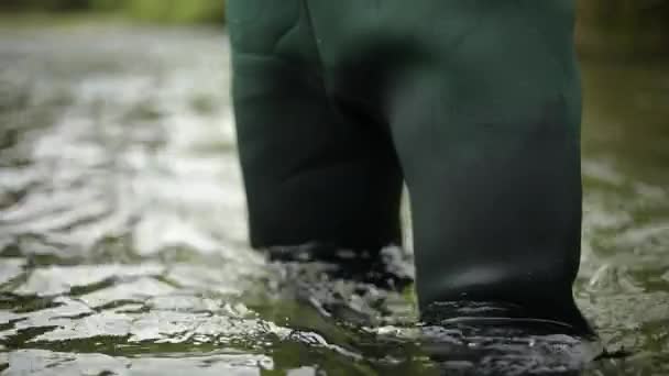 Slow Motion Shot Male Fisherman Wearing Waders While Fly Fishing — Vídeos de Stock