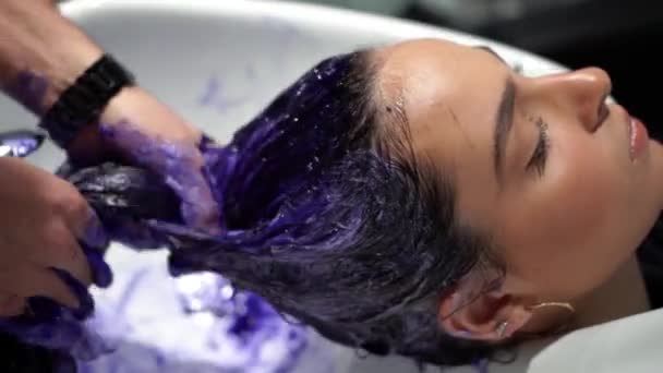 Menina Recebendo Seu Cabelo Colorido Com Tintura — Vídeo de Stock