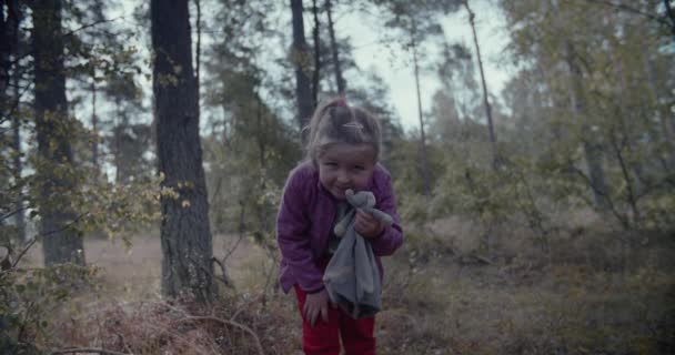 Bambina Suo Orsacchiotto Che Giocano Nel Bosco Filmato Girato Sul — Video Stock