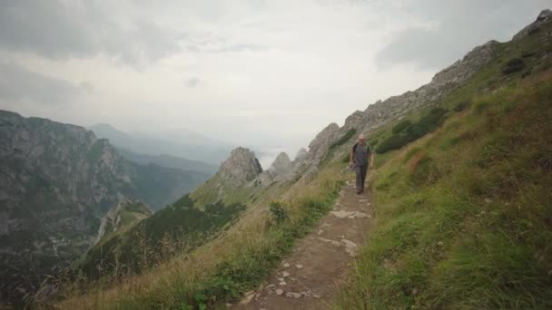 山を登って景色を楽しむハイカー — ストック動画