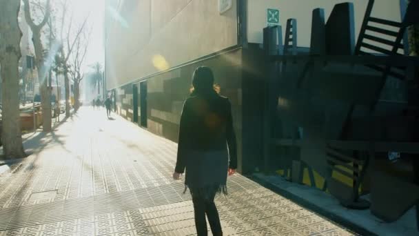 Uma Mulher Andar Margem Uma Rua Num Dia Sol Tiro — Vídeo de Stock